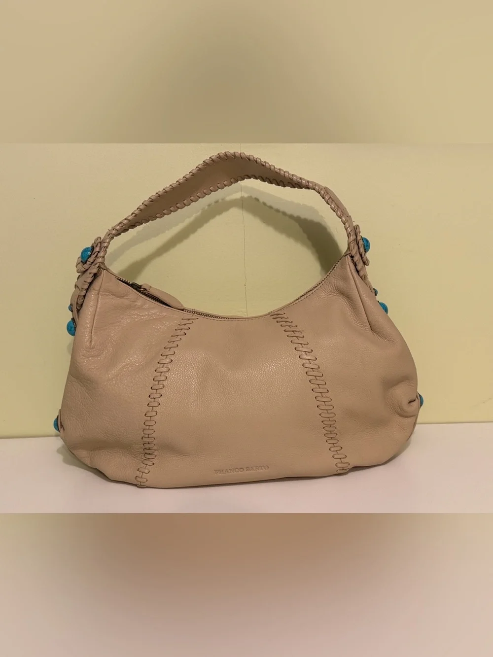 Franco Sarto Leather Hobo Shoulder Bag Beige Faux Turquoise Bead Accents REFURB